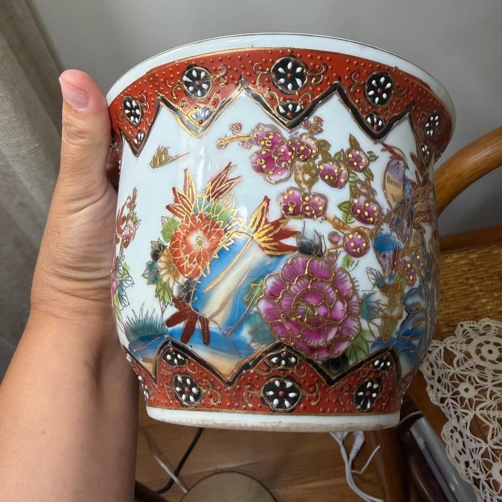 Vintage Chinese Export Porcelain Jardiniere Planter Birds Flowers Gold Gilt 5